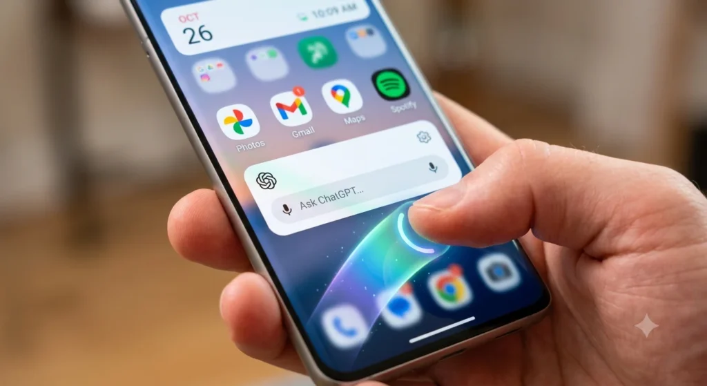 A close-up of an Android smartphone home screen featuring the ChatGPT app widget, showing quick access buttons for camera, voice, and text.